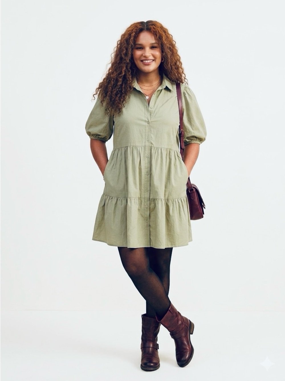 NWT 18 Centimeters Olive Green Tiered Shirt Dress Size XL